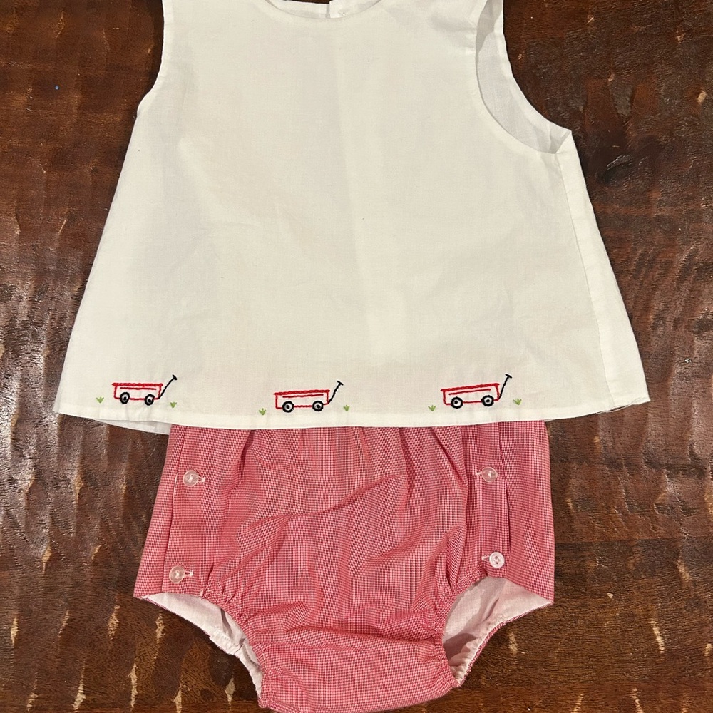 Two Piece Gingham Sleeveless Top and Diaper Cover Set - White and Red